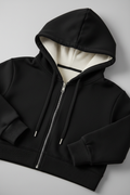 Black cropped hoodie - close-up premium fleece lining and zipper quality