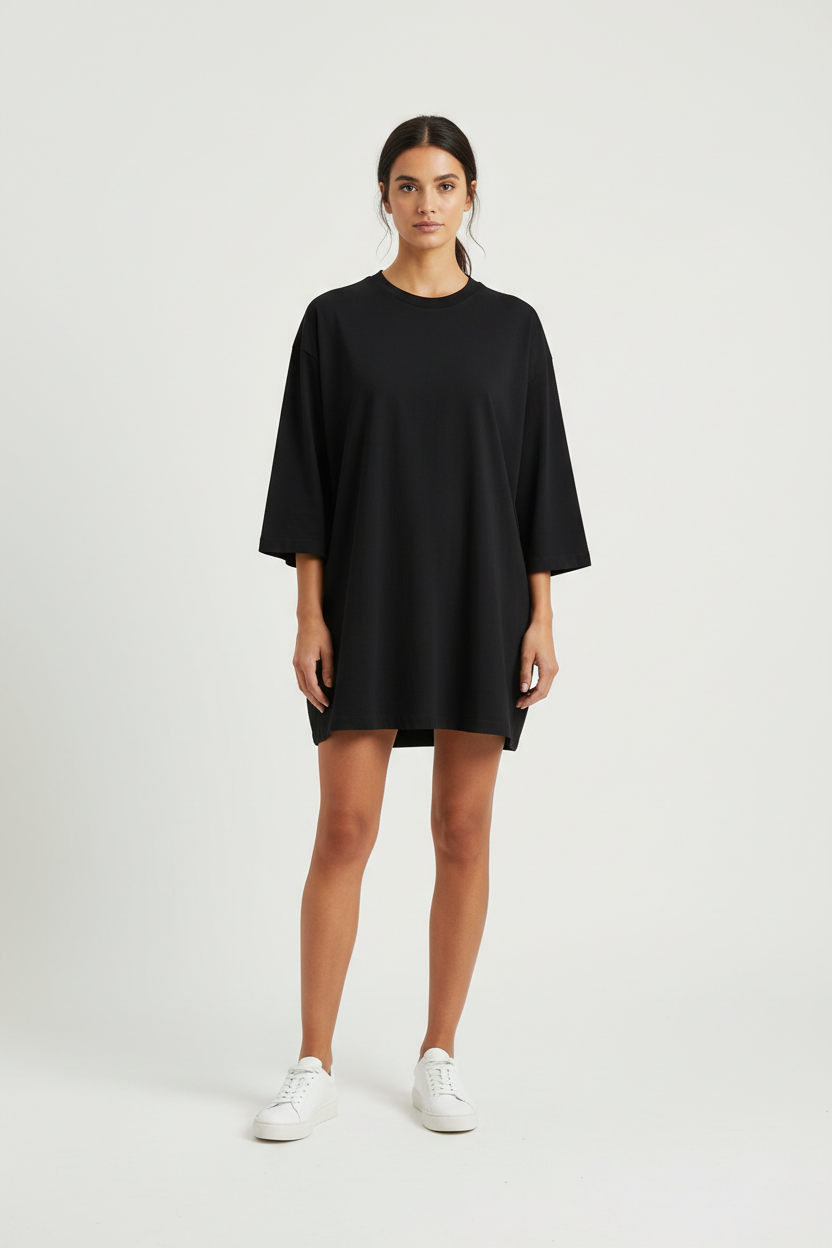 Black oversized t-shirt - full body studio shot showing relaxed fit