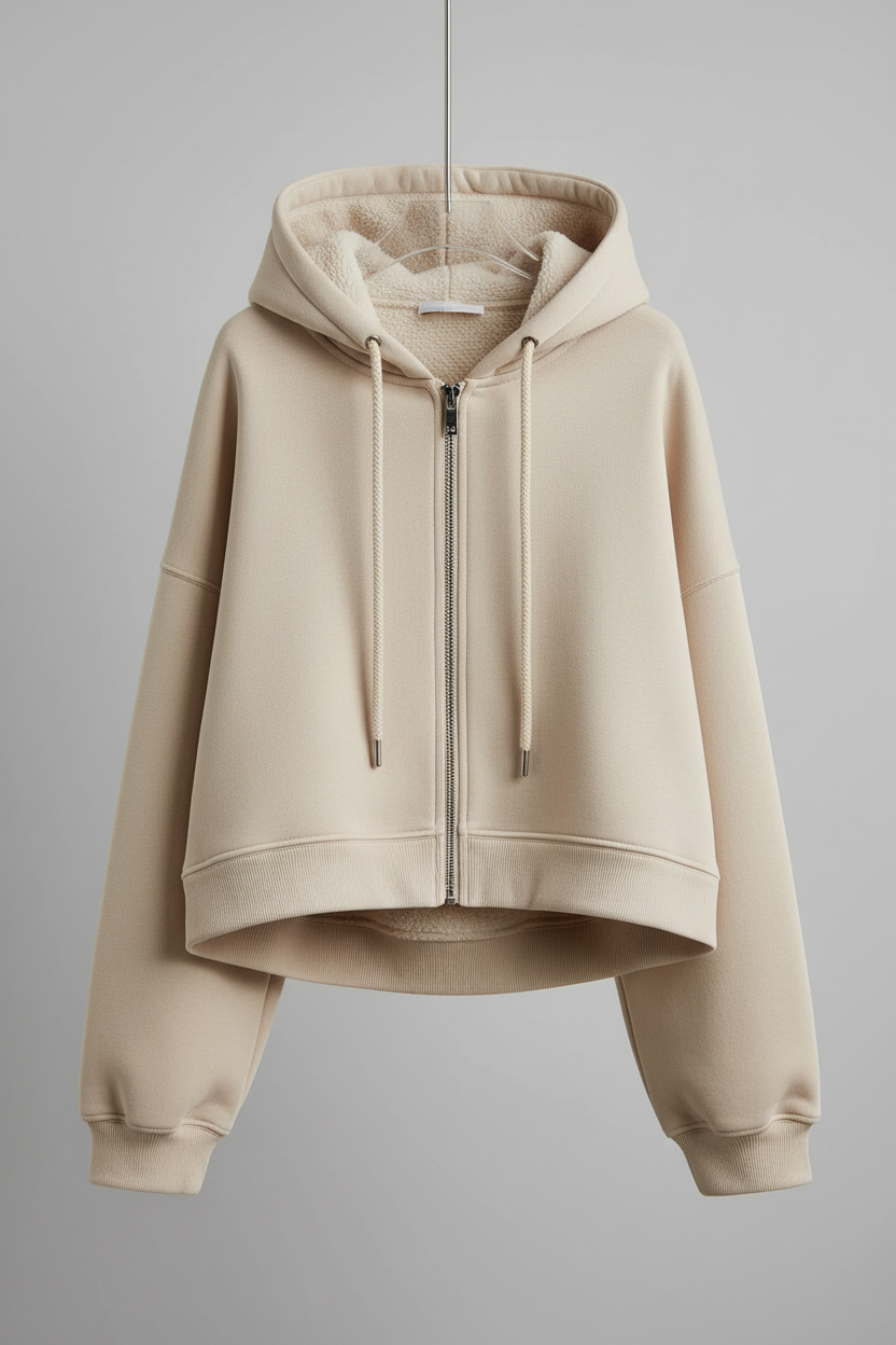 Beige hoodie - close-up fabric texture and construction details
