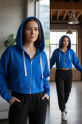 Bright blue cropped oversized zip-up hoodie - three views set
