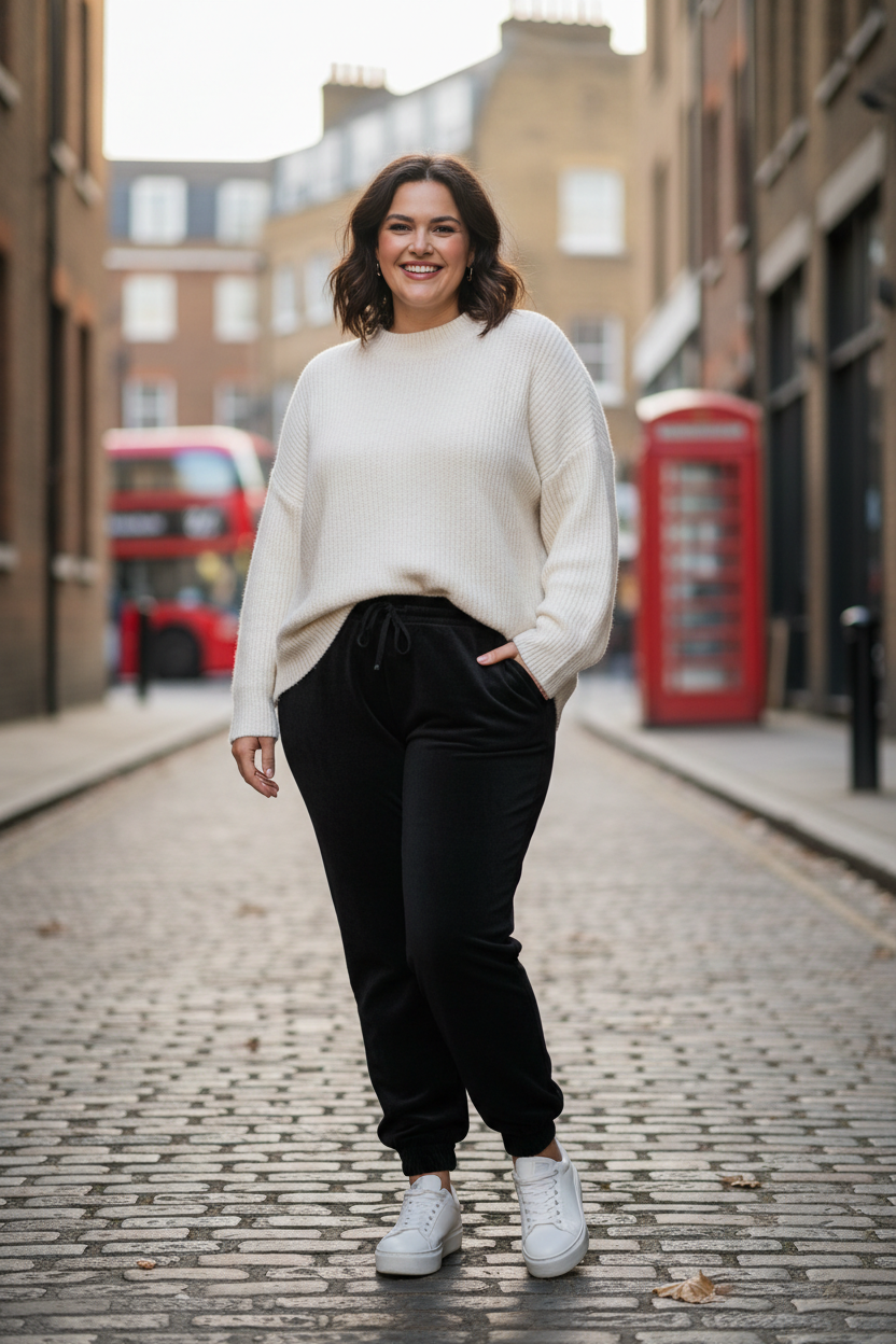 Black sweatpants on curvy woman - comfortable relaxed fit for all body types