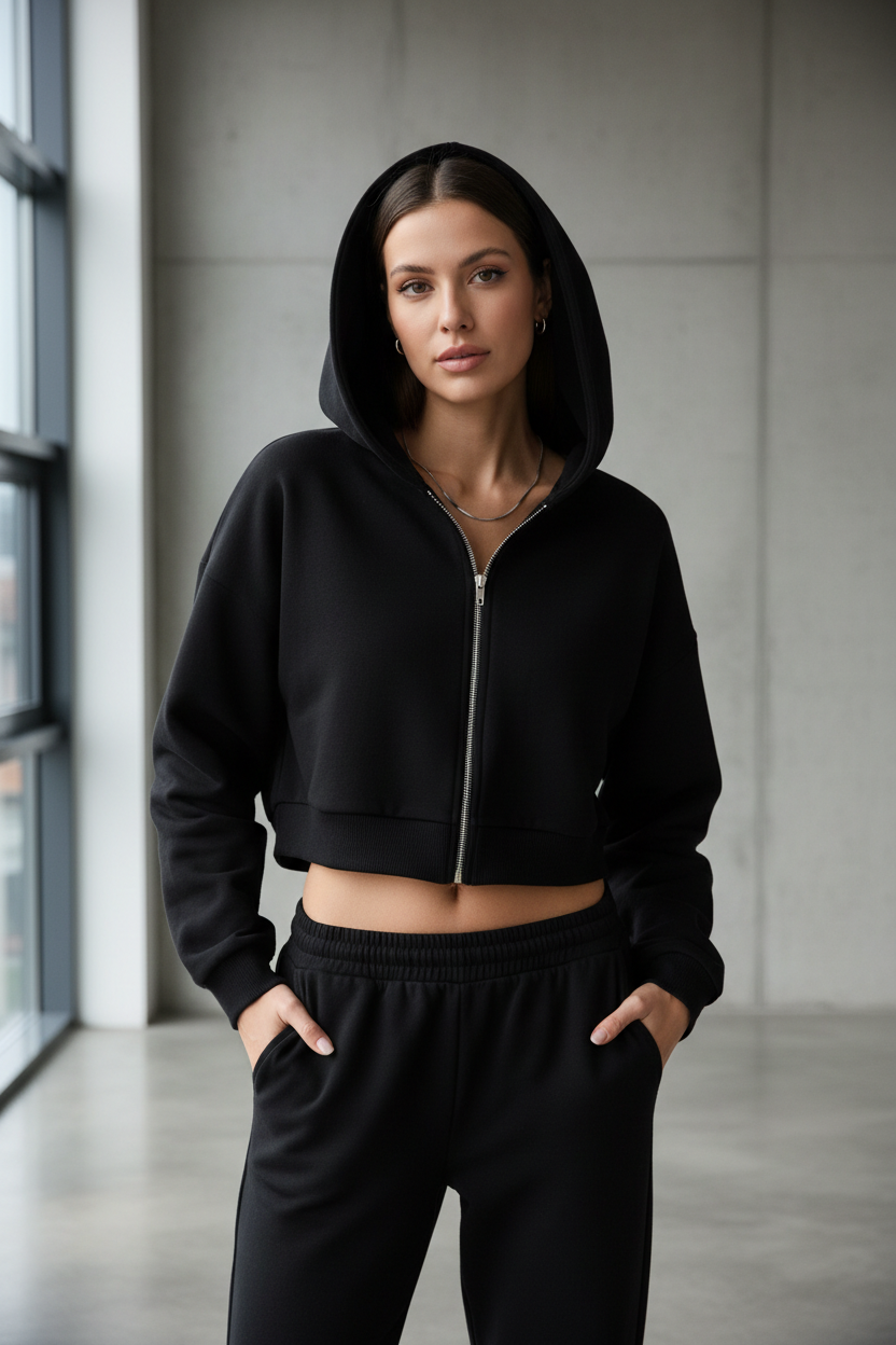 Black cropped hoodie - front view indoor showing navel length and fleece lining