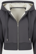 Dark gray cropped hoodie - close-up zipper and fleece lining details