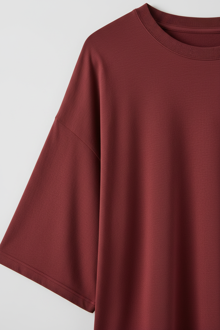 Wine red oversized t-shirt - close-up fabric texture and crew neck detail