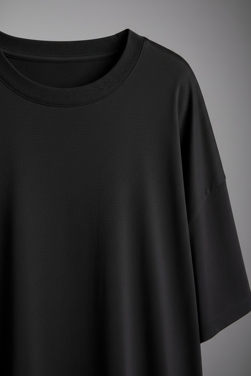 Black oversized t-shirt - close-up fabric texture and crew neck detail