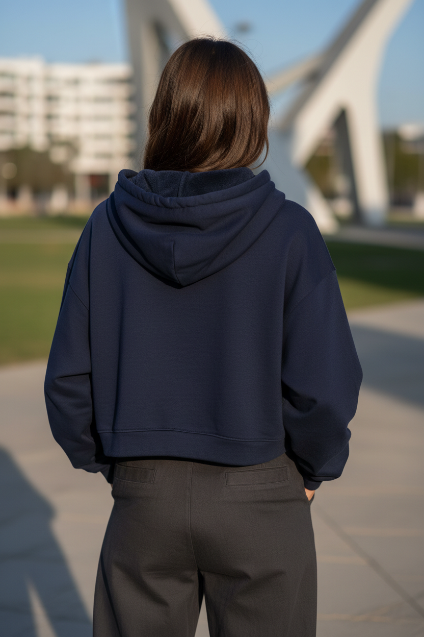 Navy blue cropped hoodie - back view outdoor showing relaxed silhouette