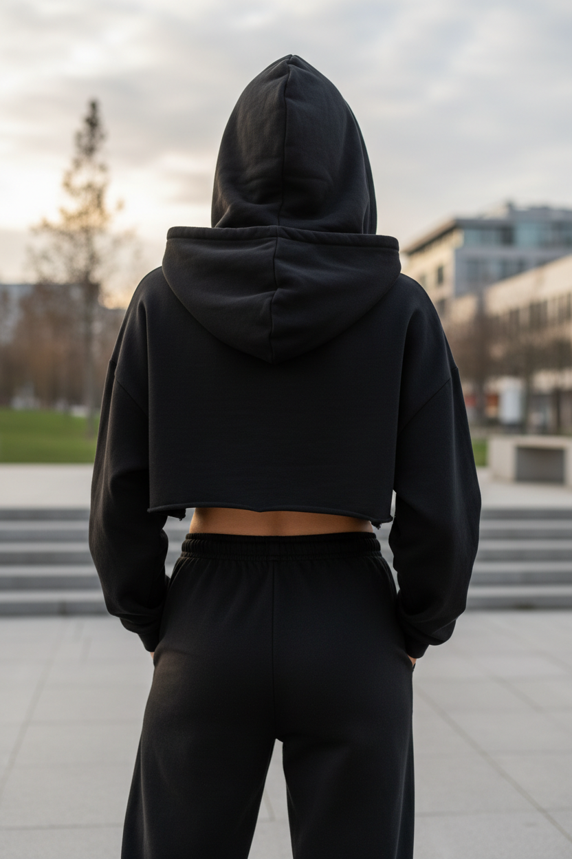 Black cropped hoodie - back view outdoor showing oversized relaxed fit