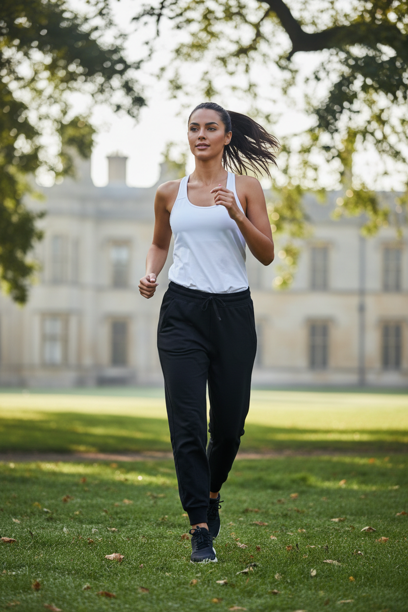 Black jogger sweatpants - woman jogging in UK park, active lifestyle photography