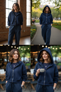 Navy blue cropped oversized zip-up hoodie - three views set