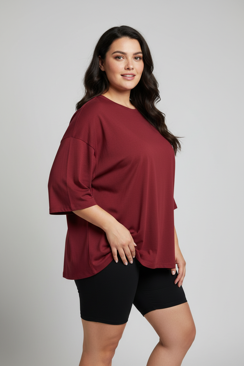 Wine red oversized t-shirt - curvy woman three-quarter view, confident and flattering fit