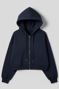 Navy blue hoodie - close-up voluminous hood and construction details
