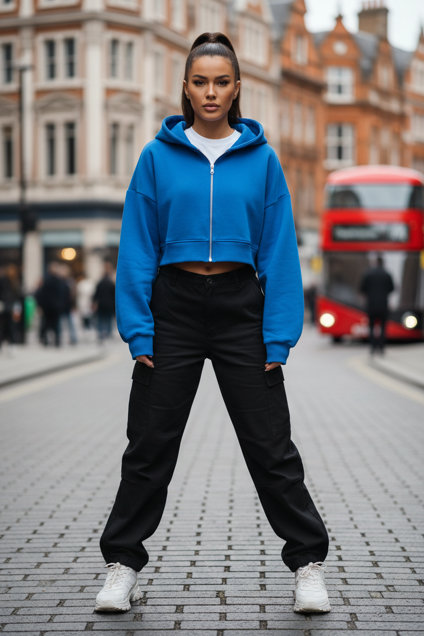 Bright blue cropped oversized zip-up hoodie - urban streetwear style