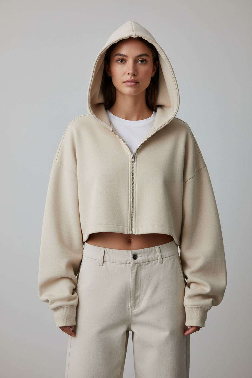 Beige cropped hoodie - full body studio showing wide sleeves and boxy fit