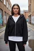 Black cropped oversized zip-up hoodie - modern streetwear lifestyle