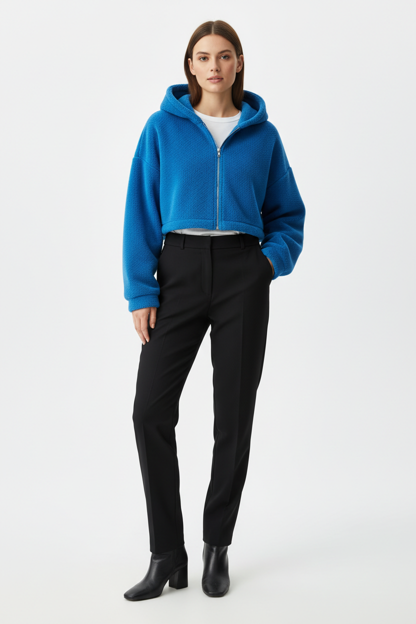 Blue cropped hoodie - full body studio shot showing cropped navel length