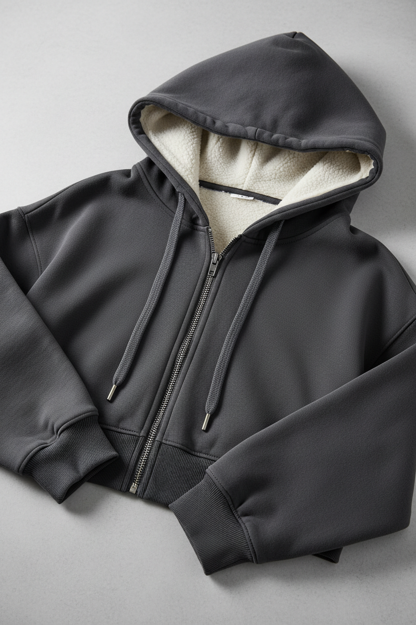 Dark gray hoodie - close-up zipper and fleece lining quality details