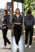 Dark gray cropped oversized zip-up hoodie - side, front and back views