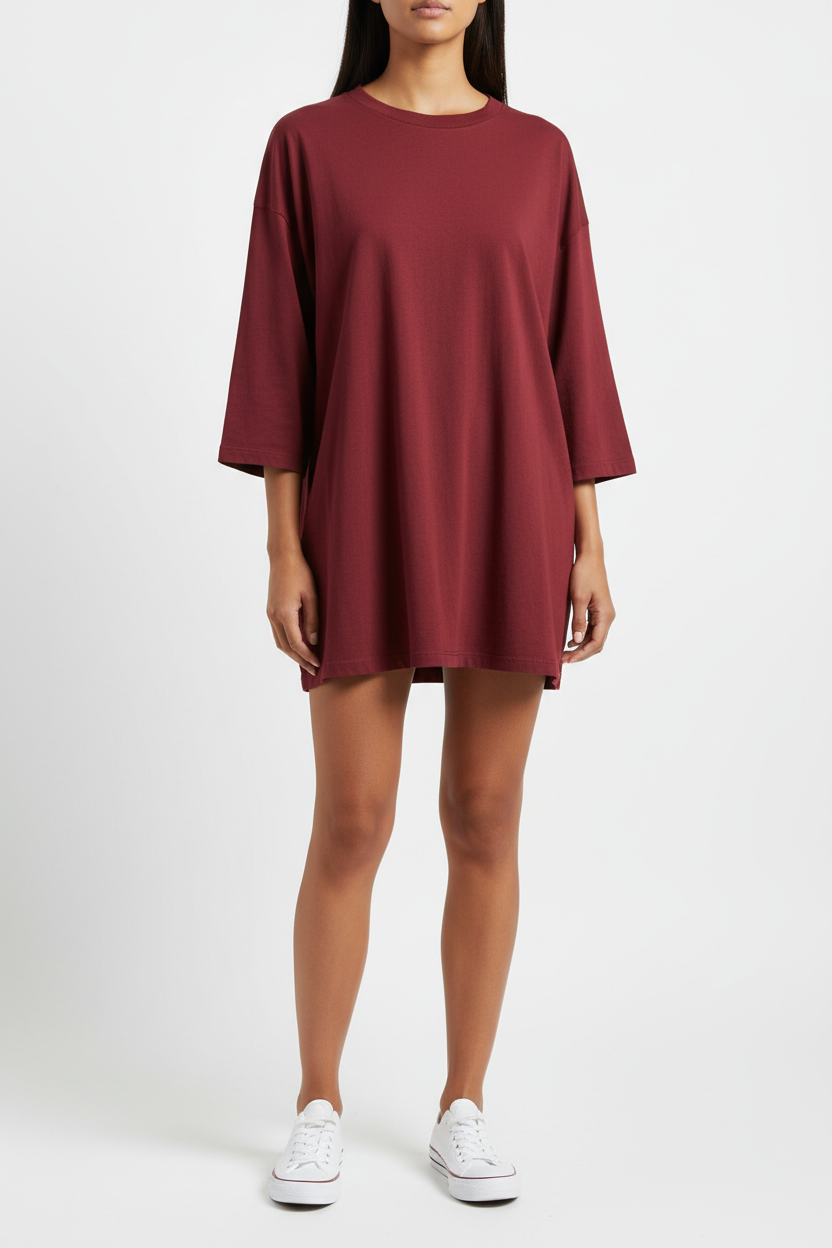 Wine red oversized t-shirt - full body studio shot showing relaxed fit