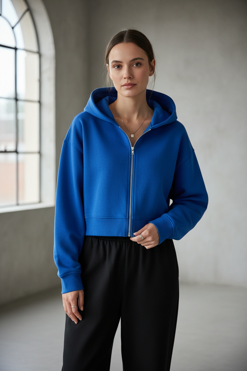 Blue cropped hoodie - front view indoor showing cropped design at navel