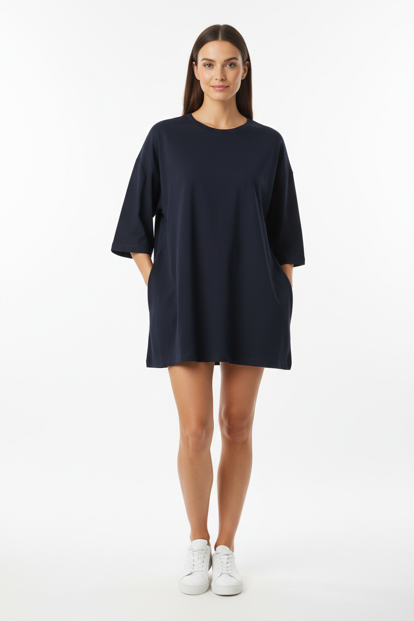 Dark blue oversized t-shirt - full body studio shot showing relaxed fit