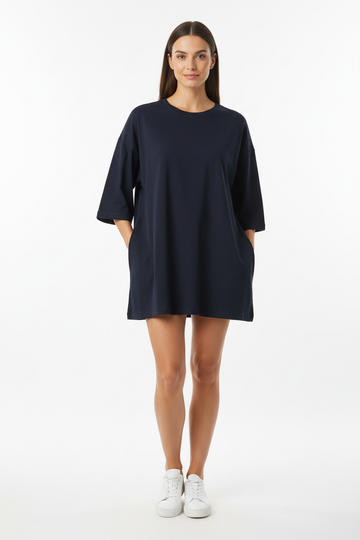 Dark blue oversized t-shirt - full body studio shot showing relaxed fit