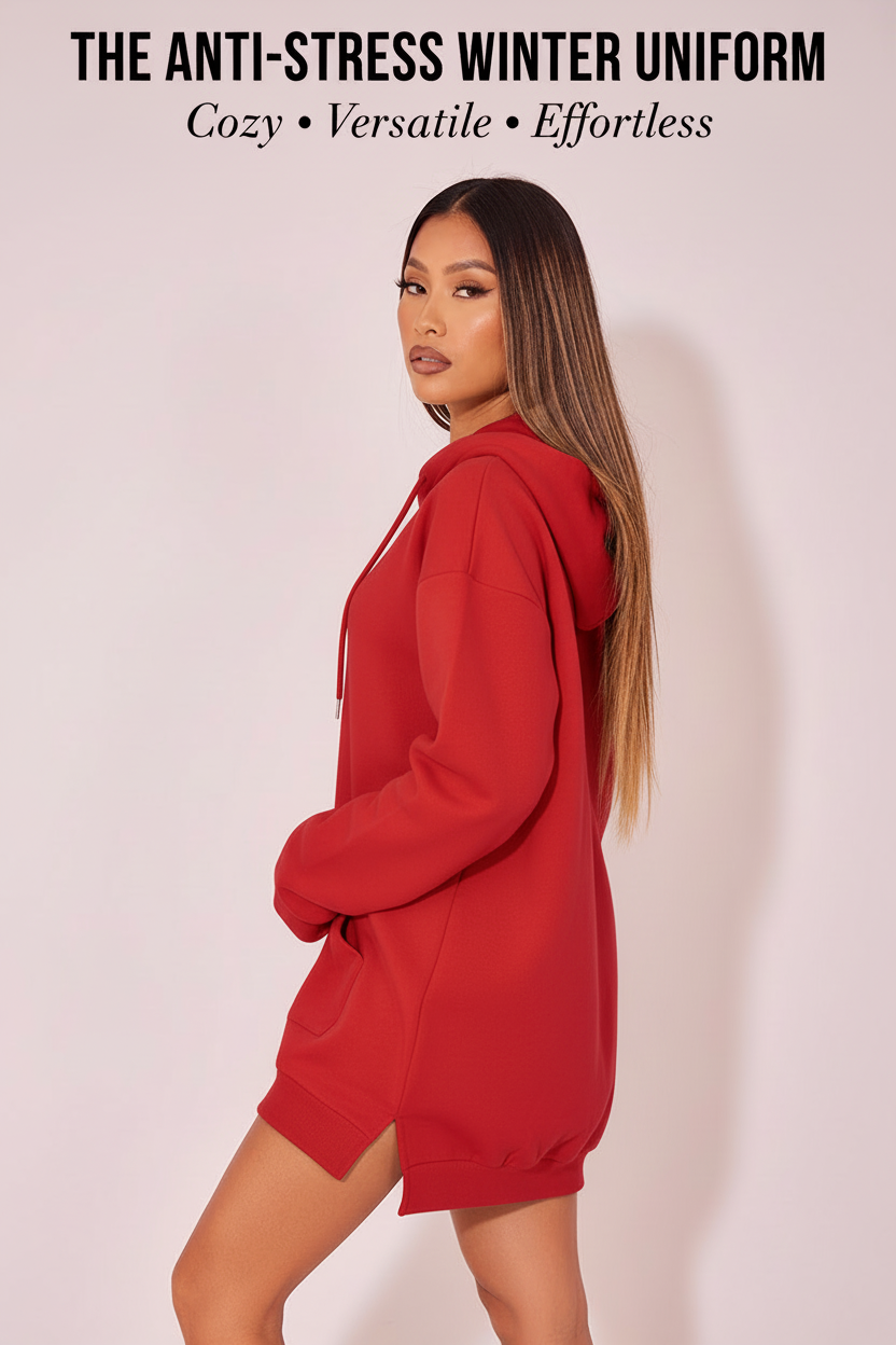 Red hoodie dress back view